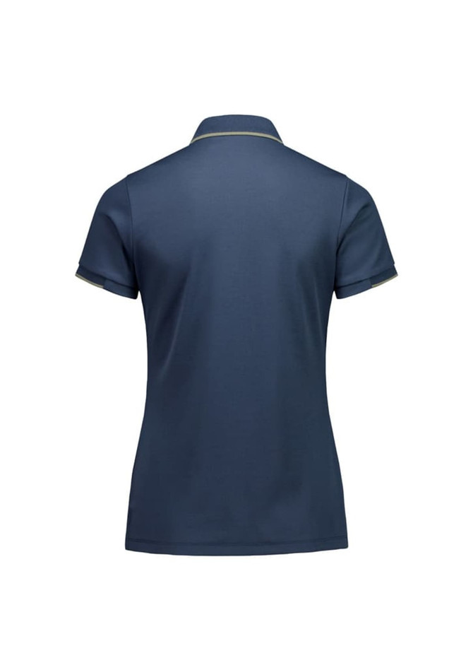 A navy blue women's short sleeve polo shirt with a contrasting collar and cuff detailing. It features a logo.