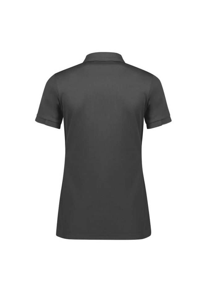 A women's short sleeve polo shirt in dark grey, featuring a collar and a logo.