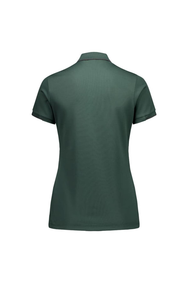 A dark green women's short sleeve polo shirt with a collar and a logo on the back.