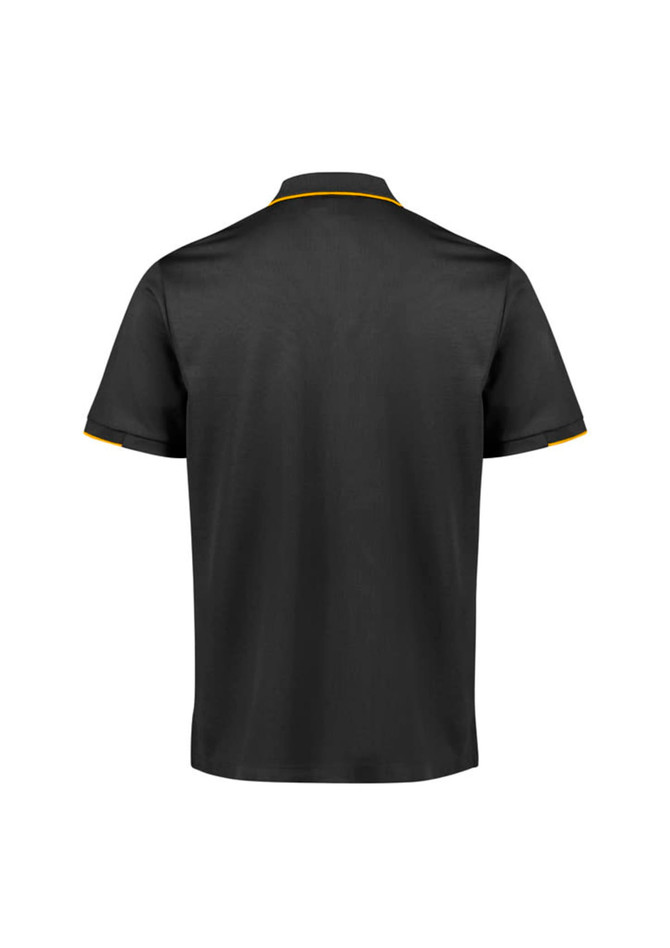 A black short sleeve polo shirt with yellow accents and a logo on the chest.