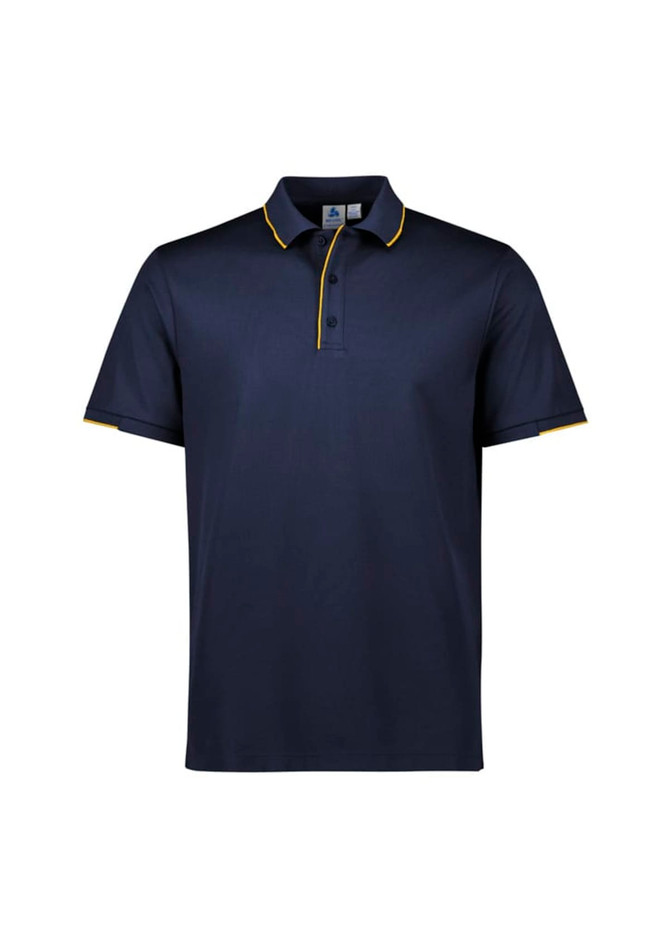 Navy blue short sleeve polo shirt with yellow accents and a logo on the chest.