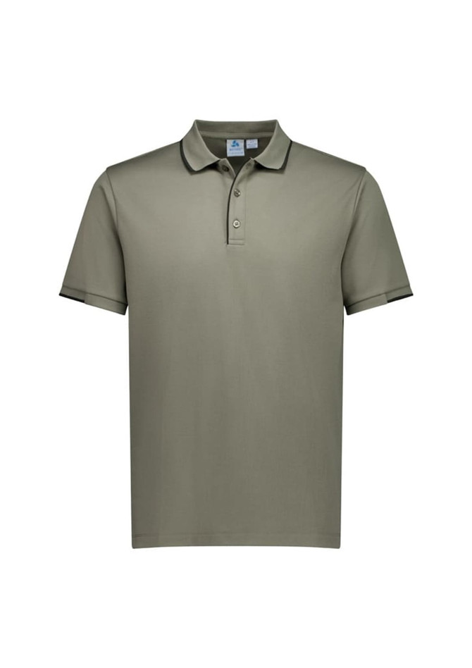 A short sleeve polo shirt in olive green with contrasting black trim and a logo on the chest.