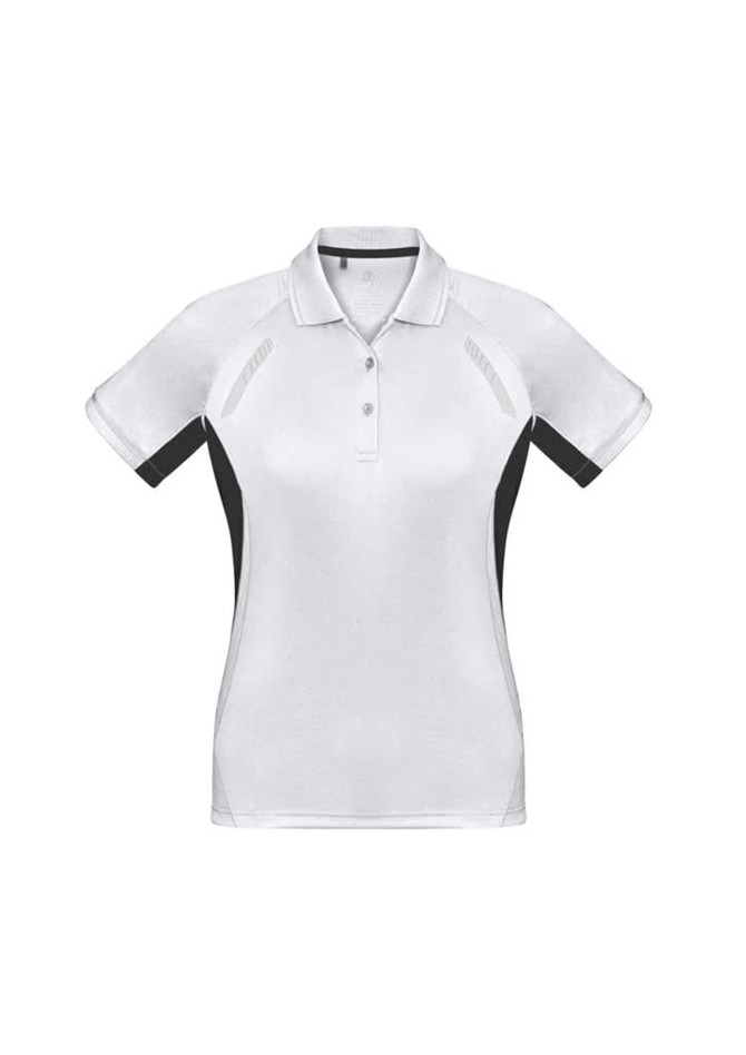 A women's short sleeve polo in white with black accents and a logo. Designed for a stylish and sporty look.