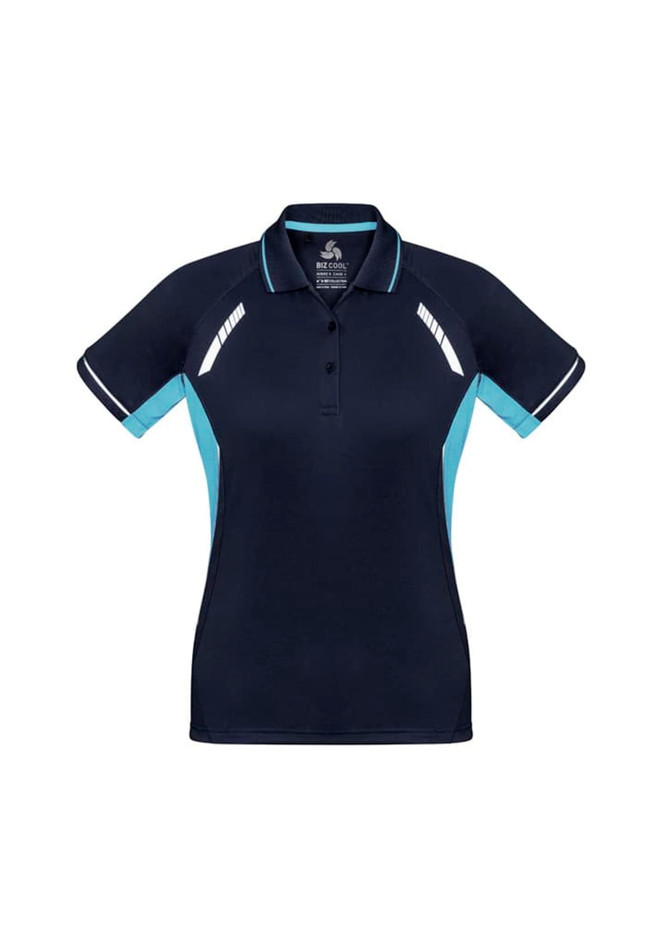 A women's navy blue short sleeve polo shirt featuring light blue accents and a logo.