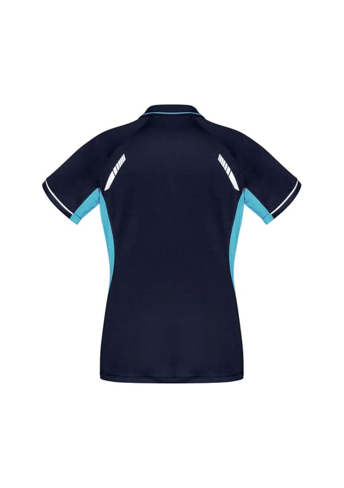 A navy blue women's polo shirt featuring light blue side panels and a logo on the back.