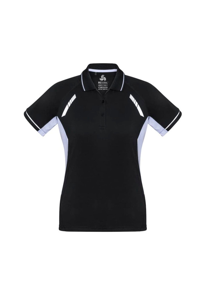 A black women's polo shirt with grey accents and a logo on the front. Features short sleeves and a classic collar.