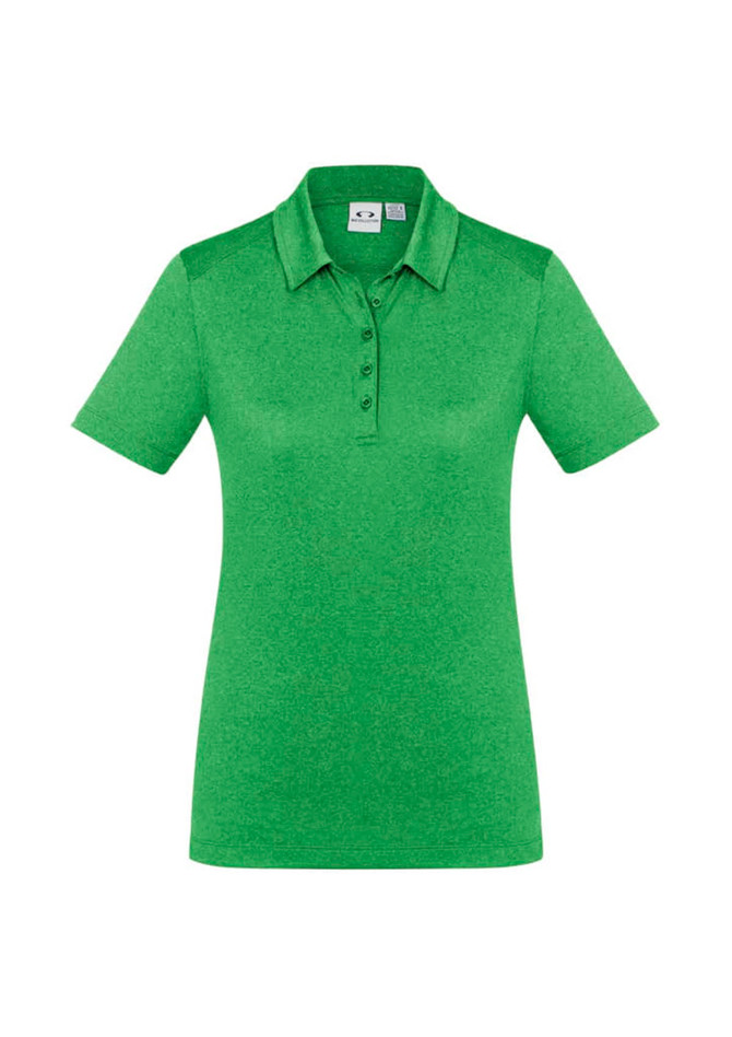 A women's polo shirt in a vibrant green shade with short sleeves and a button placket. Features a logo.