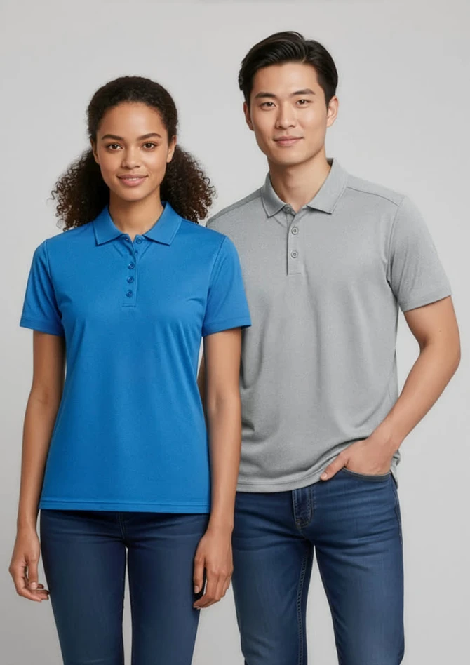 A blue short sleeve polo shirt on a woman and a grey short sleeve polo shirt on a man, both with collars.