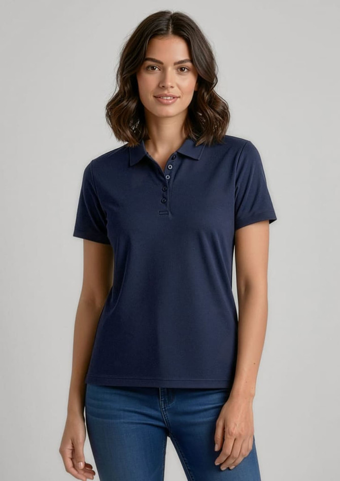 A navy blue women's short sleeve polo shirt with a collar and three buttons, featuring a logo.