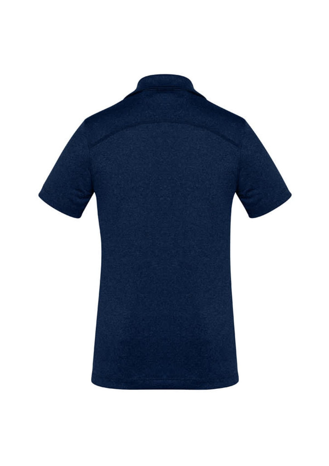 A navy blue women's short sleeve polo shirt with a collar and a logo on the back.