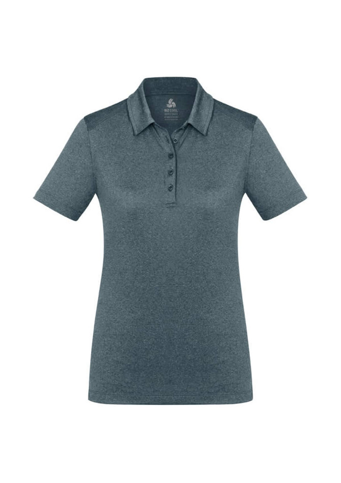 A women's short sleeve polo shirt in dark grey with a collared neckline and a logo on the label.