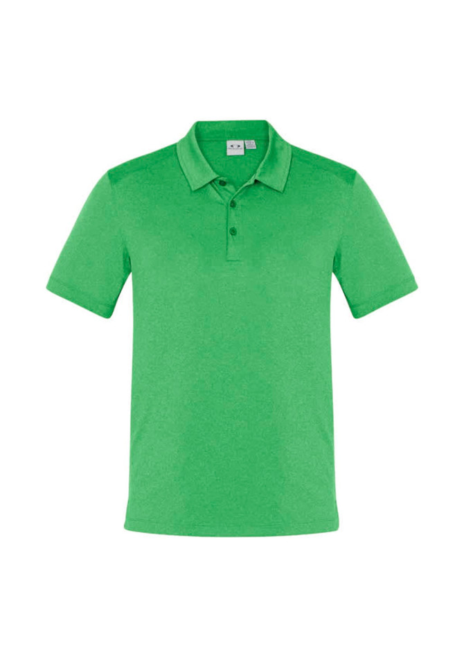 A green men's short sleeve polo shirt with a collar and three buttons, featuring a logo on the chest.