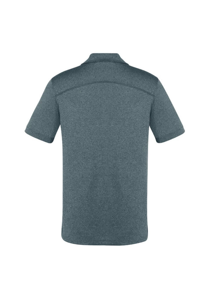 A short sleeve polo shirt in a dark grey colour, featuring a logo on the back.