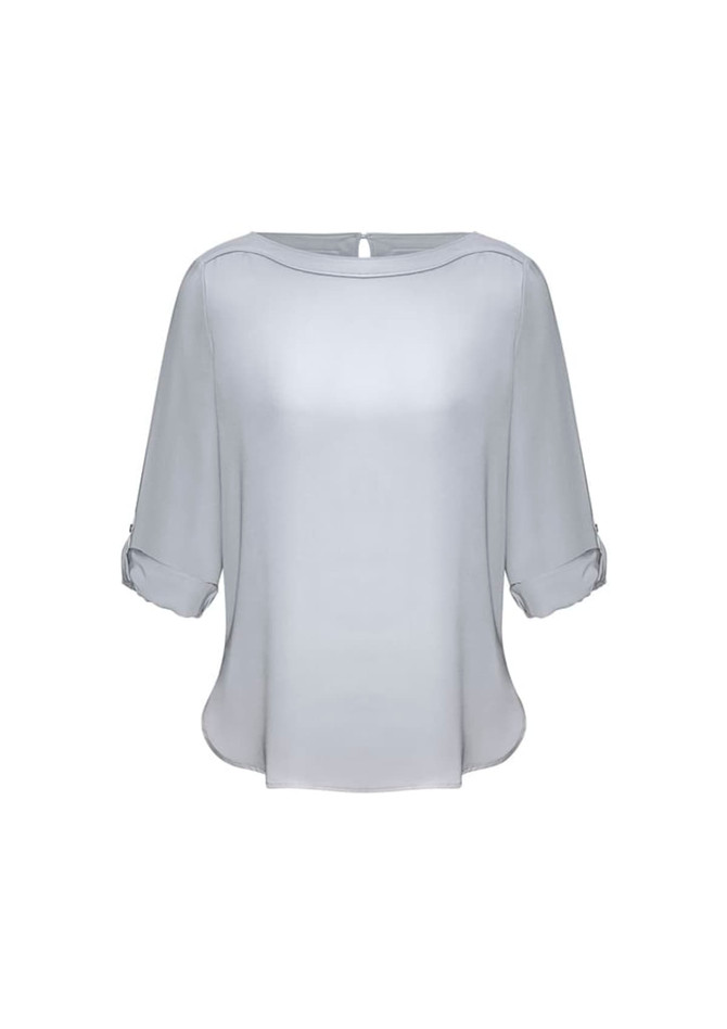 A light grey boatneck top with three-quarter sleeves and roll-up detail. The top has a subtle sheen and a back keyhole closure.