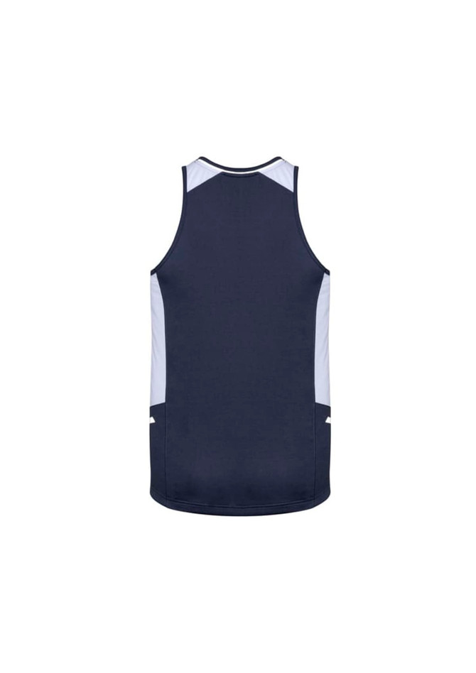 A navy blue men’s singlet with light blue accents, featuring a logo on the back.