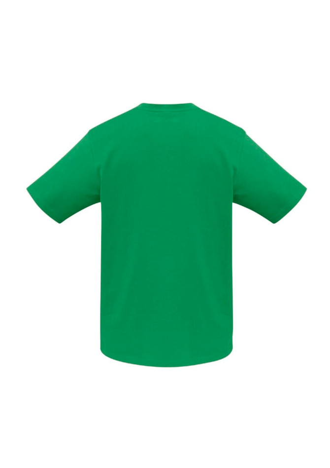 A bright green short sleeve tee for kids, featuring a plain design with a logo on the front.