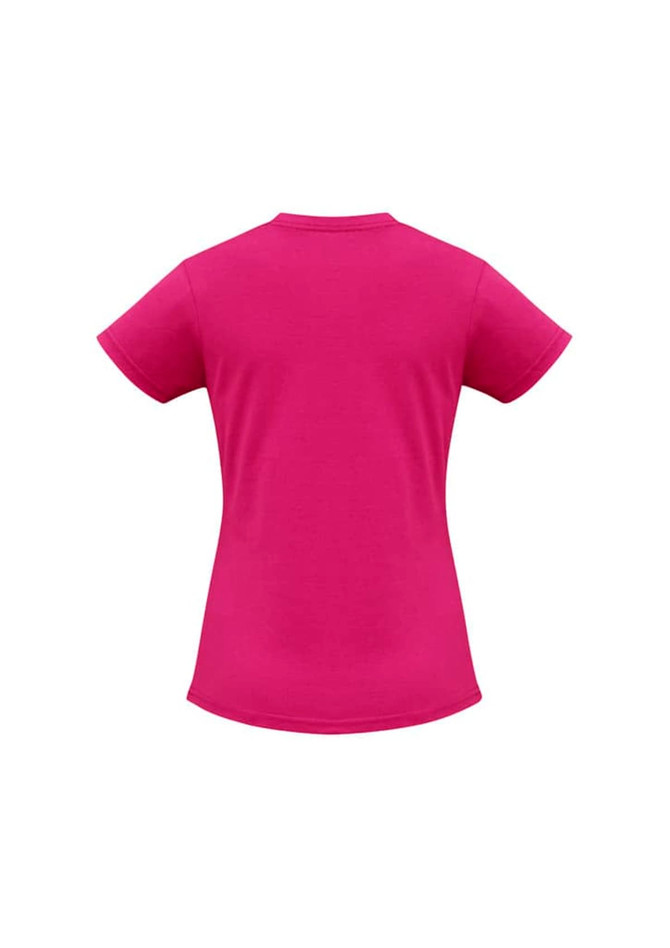 A short sleeve tee in bright pink, featuring a back view and a simple design with a logo.