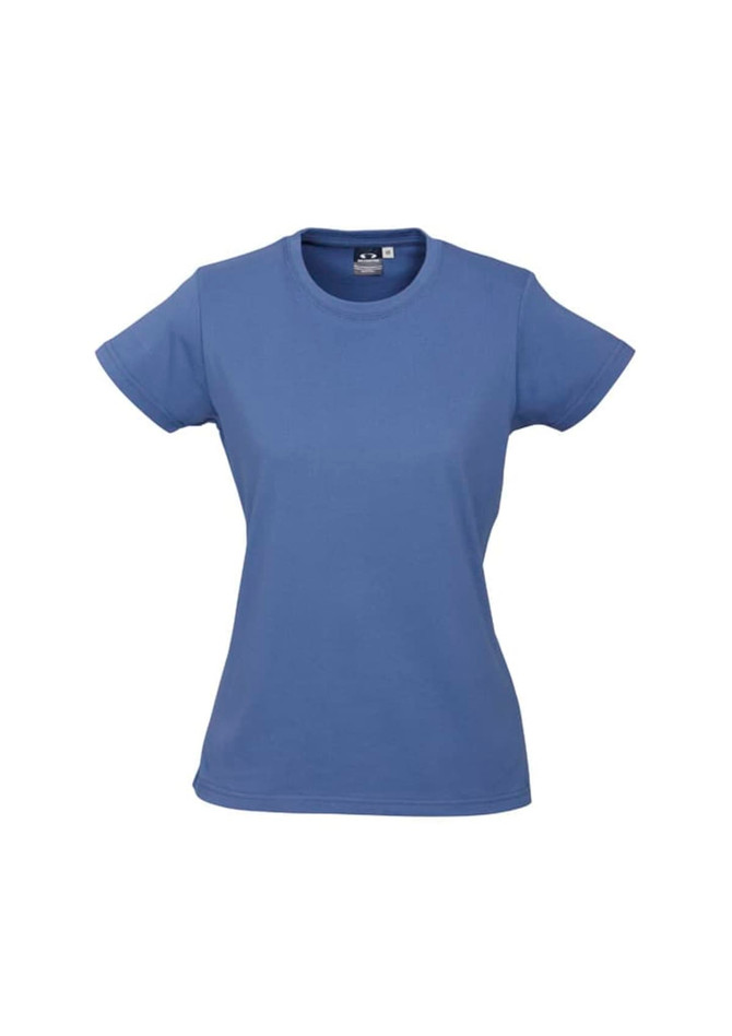 A women's short sleeve t-shirt in a light blue colour, featuring a branded label on the inside.