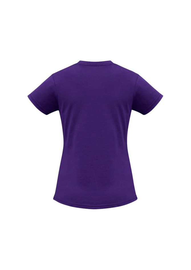 A purple women's short sleeve tee with a fitted design and a logo on the back.