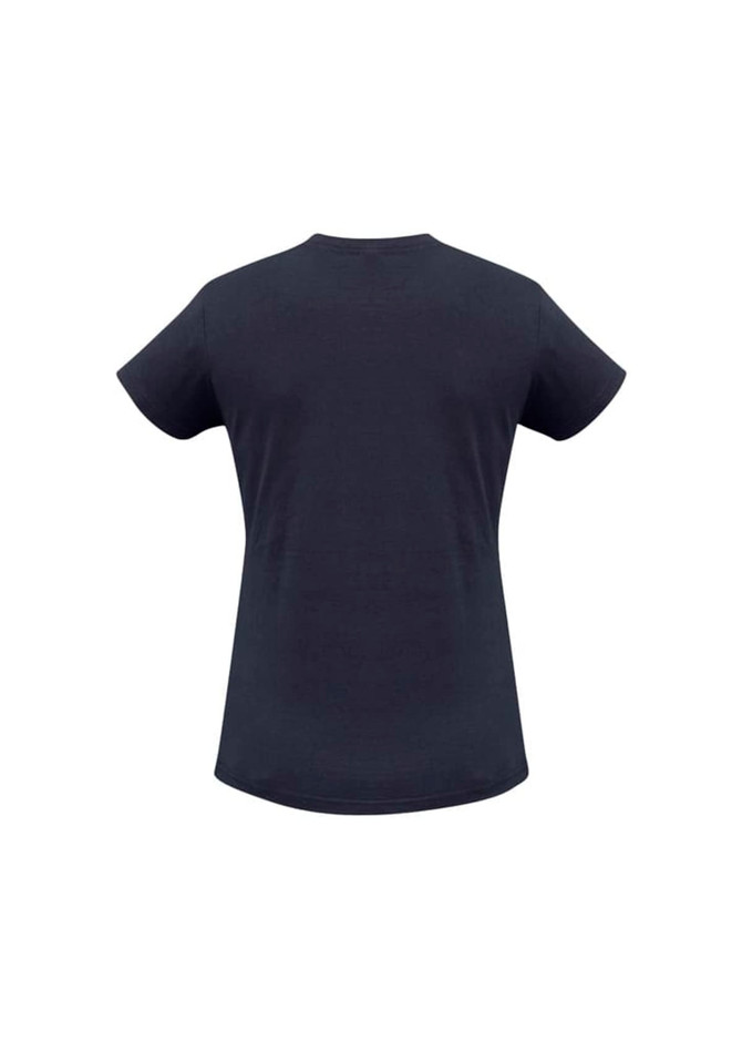 A dark navy women's short sleeve tee with a classic crew neck and a plain back, featuring a logo.
