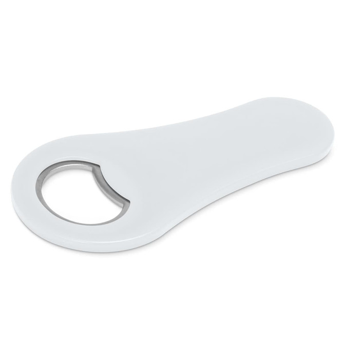 A drink bottle opener featuring a smooth, white exterior with a metal opening for caps and a logo on the side.