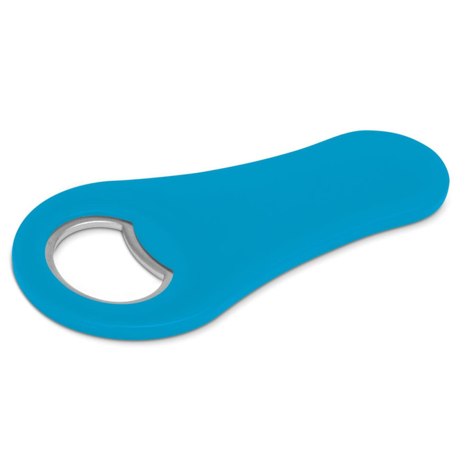 A drink bottle opener in bright blue with a metal opening, featuring a smooth, contoured design.
