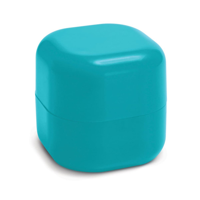 A teal lip balm container with a rounded square shape and a subtle shine. It features branding on the surface.