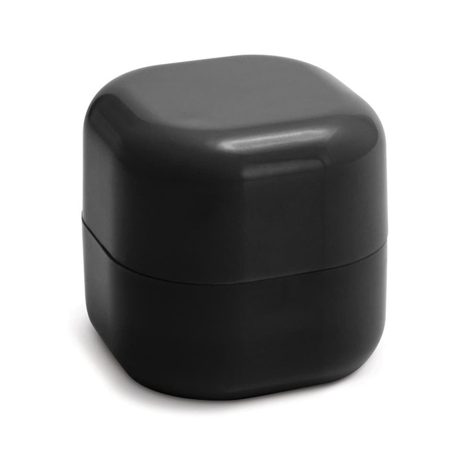 A round, black container with a smooth finish, featuring a slightly rounded top and a separate lid.