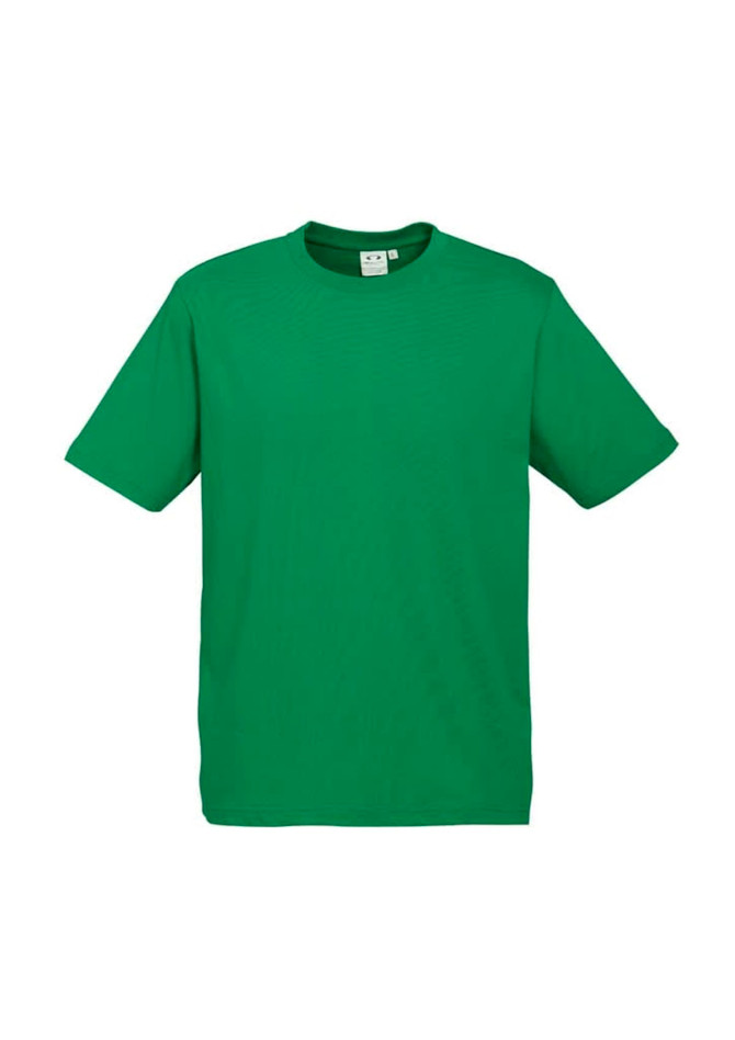 A green short sleeve tee for kids, featuring a crew neckline and a simple design. It has a logo.