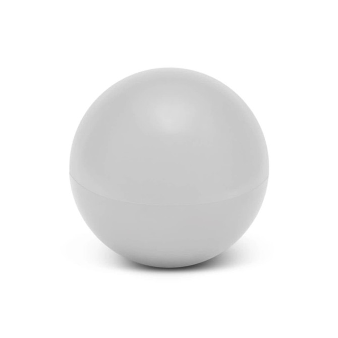 A spherical lip balm container in a smooth gray finish.