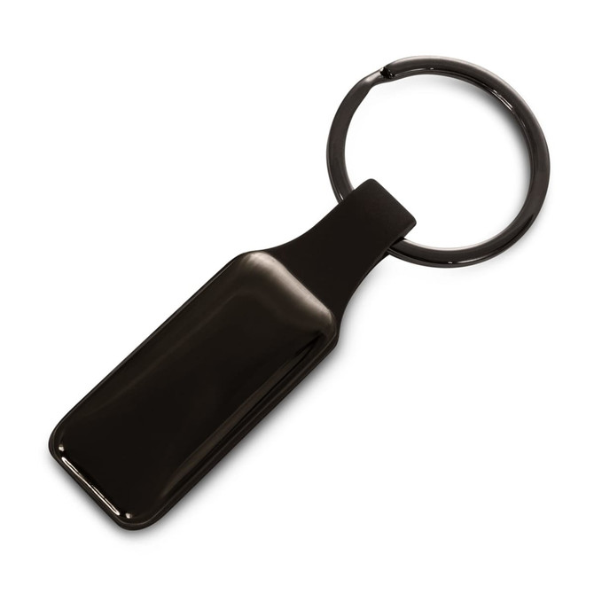 A rectangular key ring in black with a smooth finish and a metal ring attachment.