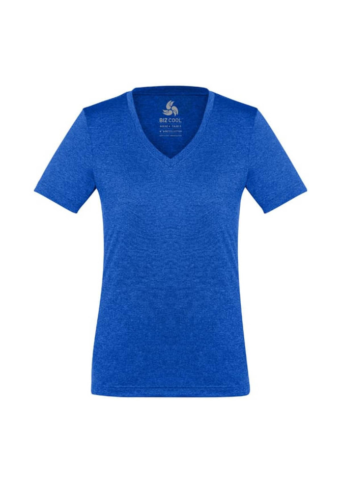 A blue women's short sleeve tee with a V-neck and a logo on the upper centre.