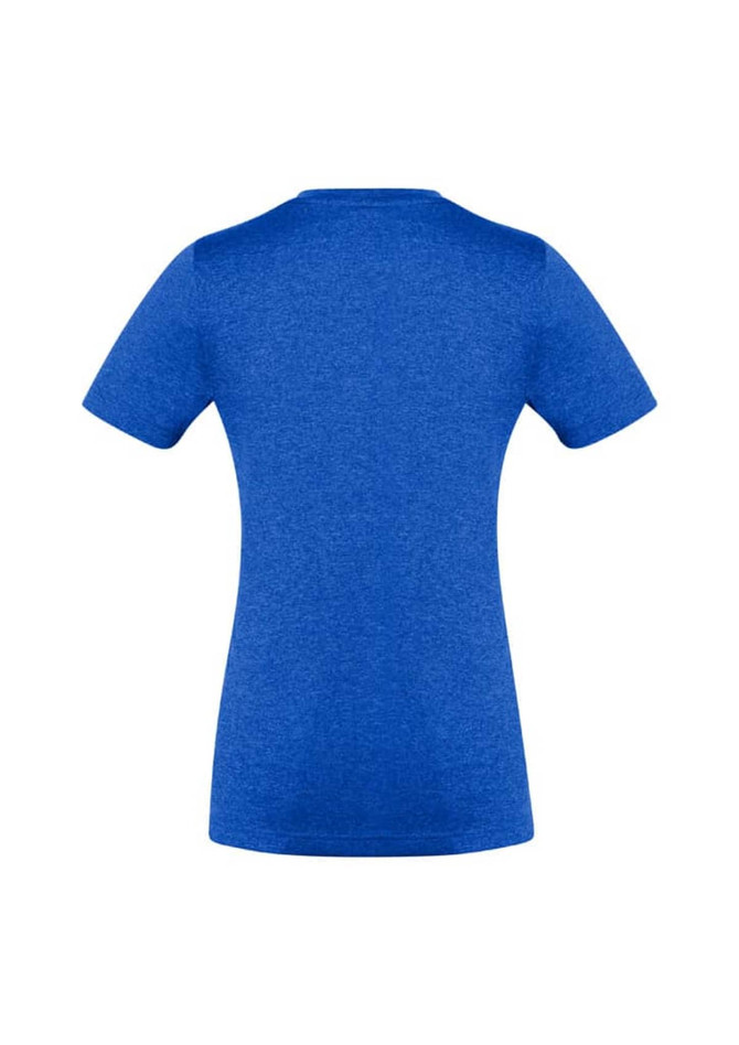 A blue women's short sleeve tee featuring a fitted design and a logo on the back.