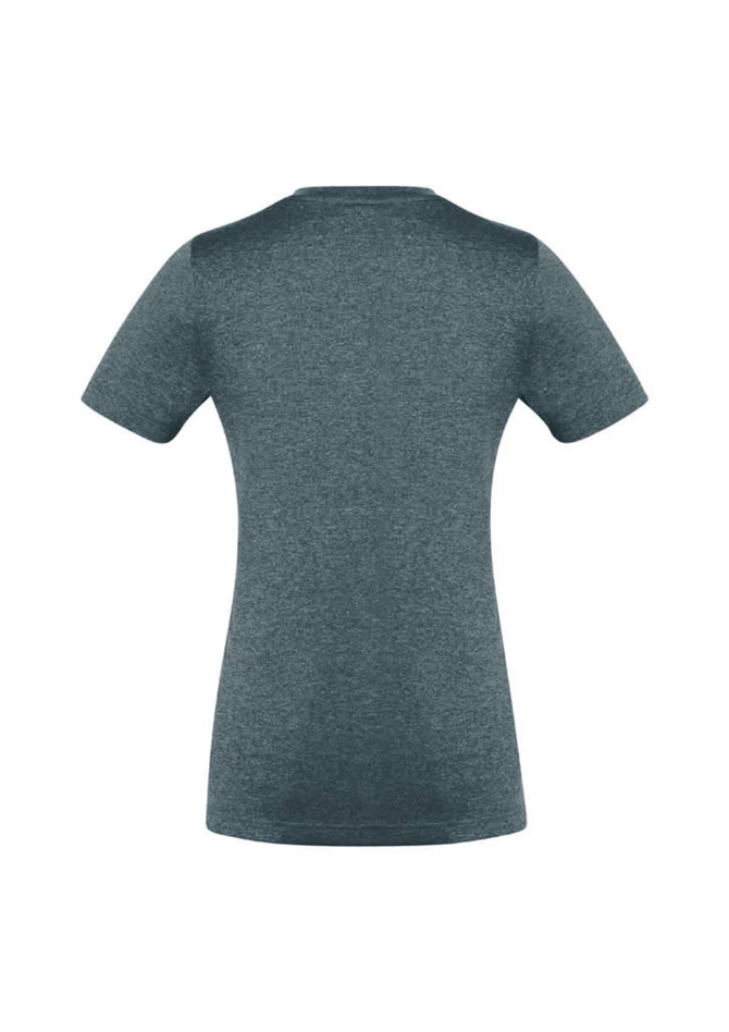 A teal women's short sleeve tee featuring a fitted design and a logo on the back.