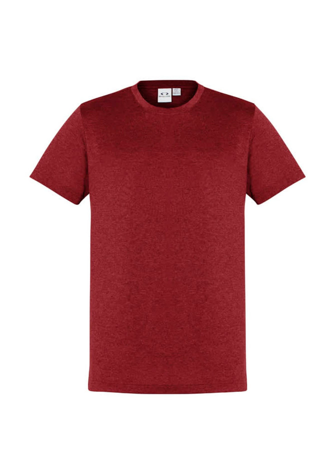 A maroon short sleeve tee shirt with a plain design and a tag inside. The shirt features a logo on the tag.