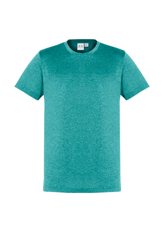 A teal short sleeve tee featuring a crew neckline and a subtle texture. It includes a branding logo.