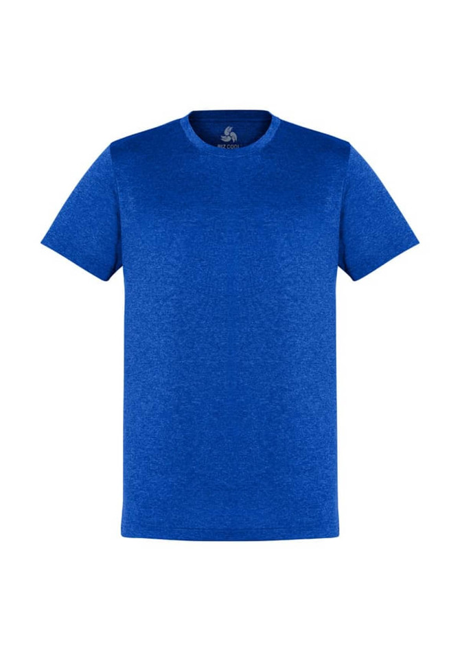 A blue short sleeve tee with a round neckline and a logo on the inside label.