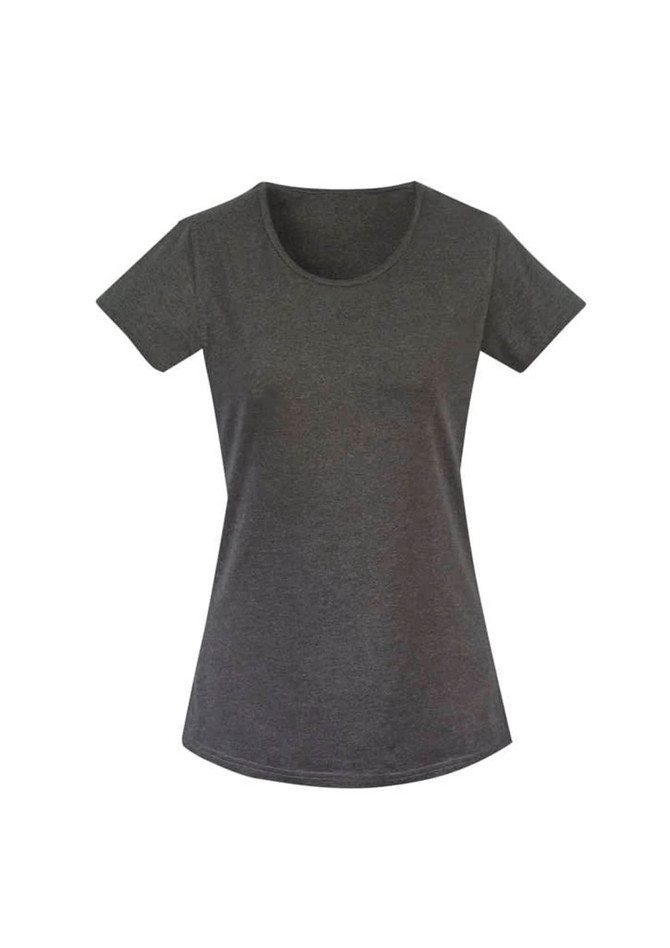 A grey women's T-shirt with short sleeves and a rounded neckline, featuring a curved hem and a logo.