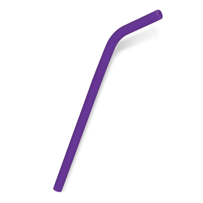 A purple silicone straw with a slight bend features a smooth design suitable for various beverages.