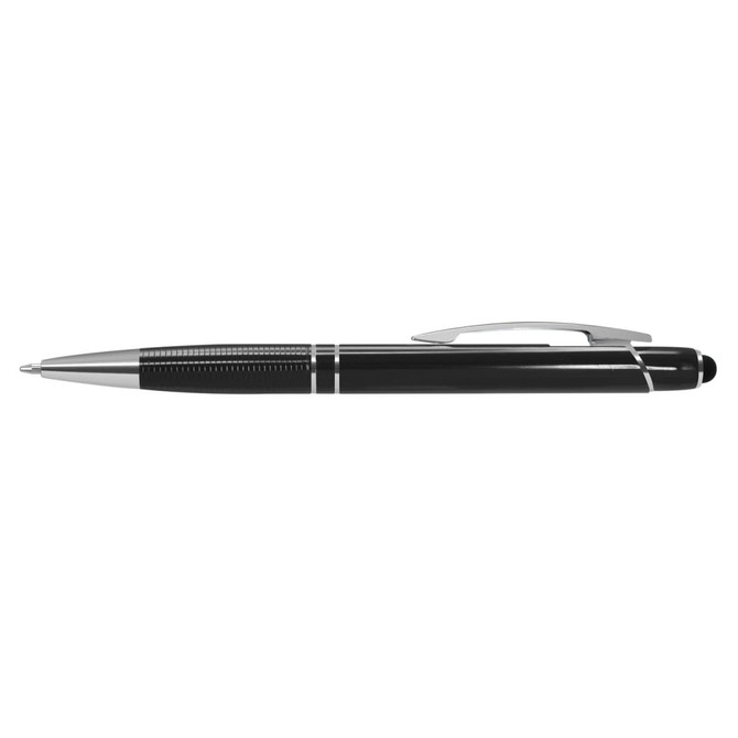 A sleek black stylus pen featuring a chrome clip and accents, designed for smooth writing and screen navigation.