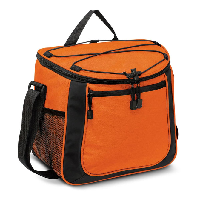 An orange cooler bag with black accents, featuring zippers and a mesh pocket. Includes a shoulder strap for carrying.