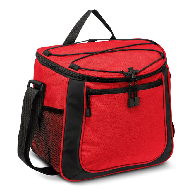 A red cooler bag with black accents, featuring zippers, a mesh pocket, and a shoulder strap. It has a logo on the front.