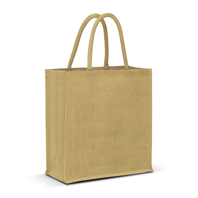 A jute tote bag in a soft yellow hue with two sturdy handles and a blank design. It features a logo.