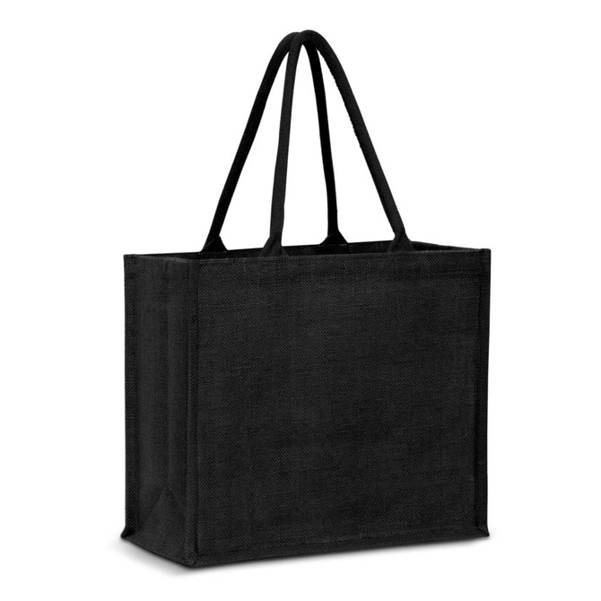 A black jute tote bag with two sturdy handles and a spacious design. It features a logo on the side.