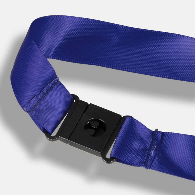 A purple ribbon lanyard with a black buckle clasp, designed for holding badges or keys.