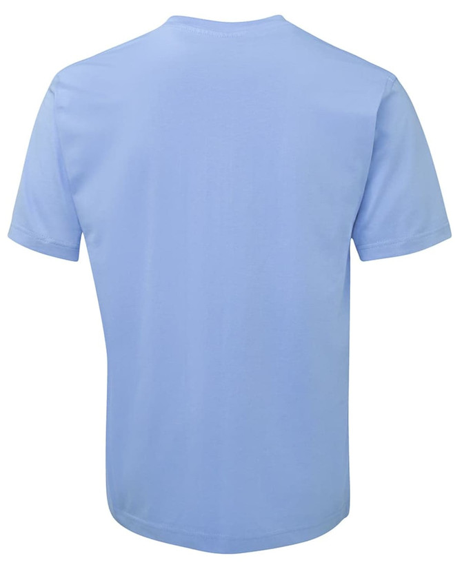A light blue T-shirt featuring short sleeves and a plain back. It includes a logo on the label.