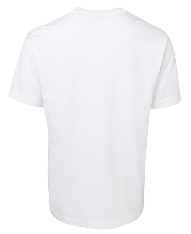 A white T-shirt with a plain back design, featuring a logo on the neckline.