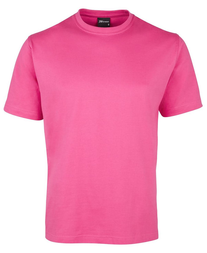 A pink t-shirt with a classic crew neck and short sleeves. It features a logo on the tag.