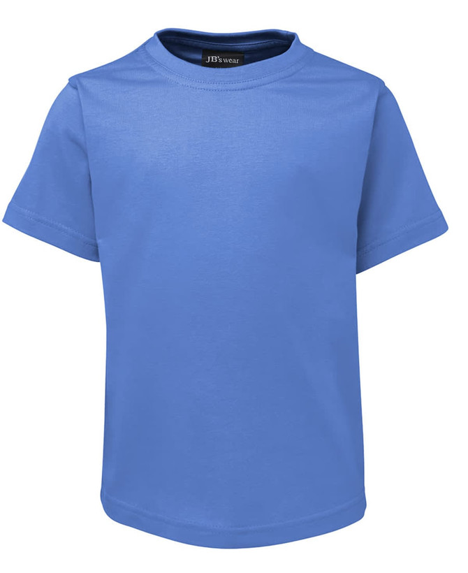 A blue T-shirt for kids with a round neckline and short sleeves, featuring a logo on the inside tag.