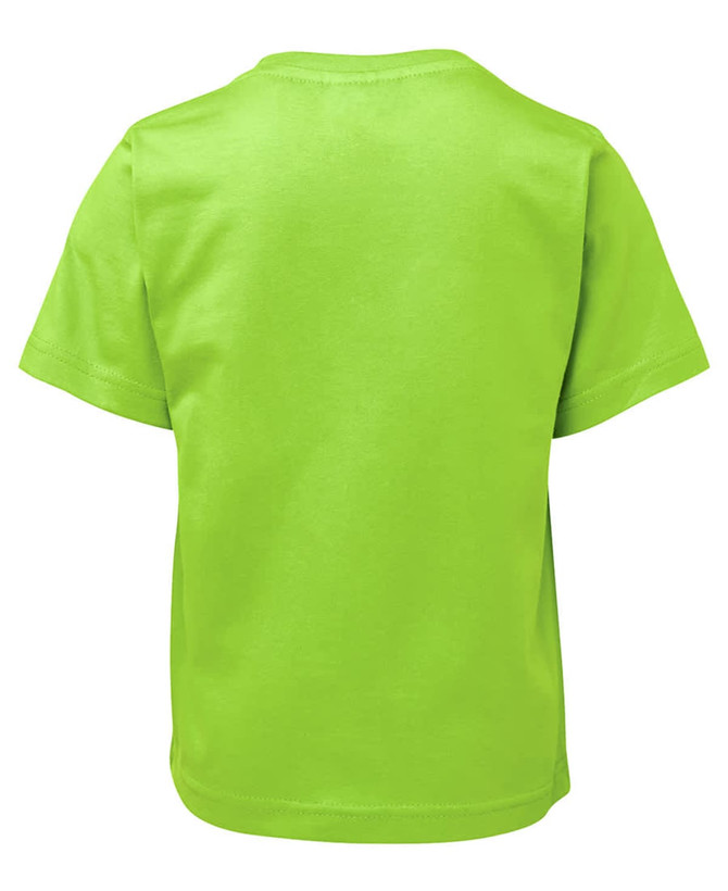 A bright green kids' t-shirt featuring a plain back design and short sleeves, with a logo on the label.
